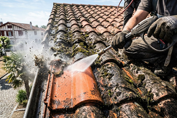 Toiture avant et après nettoyage hydrofuge à Duras